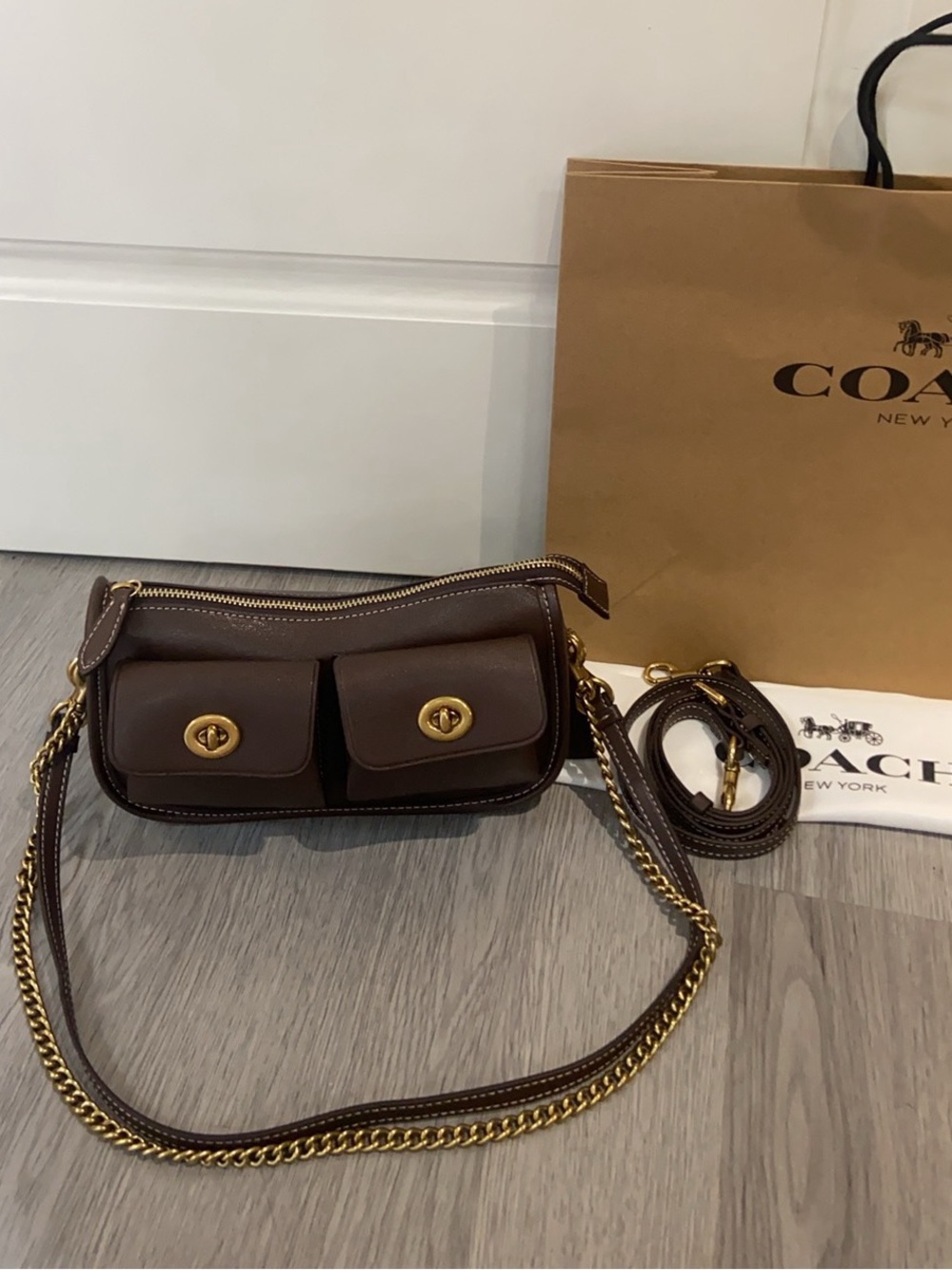 Dark Brown Leather Double Pocket Crossbody with Gold Chain
